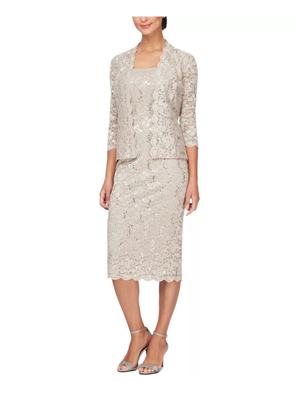 SL Fashions Womens 2 Pc Lace Jacket Midi Dress Set Champagne Size 8P Defected